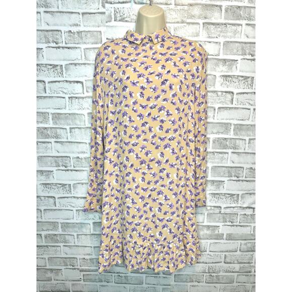 Ganni Montrose Long Sleeve Ruffled Collared Floral Print Crepe Dress Size 6 - Picture 2 of 7